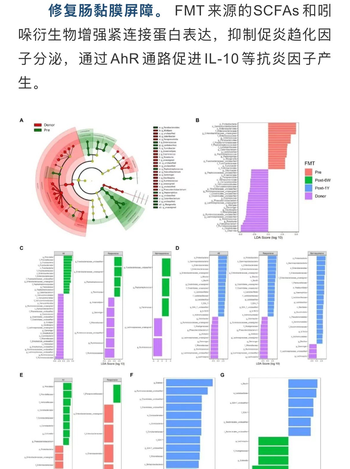 FMT 治疗 UC 三重修复机制：菌群重建与 LDA 特征分析（来源：Front Microbiol 2022;13:818111. CC BY 4.0）